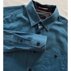 Ted Baker London Womens Geo Print Button Down Shirt Teal Sz 2 Modern Preppy City